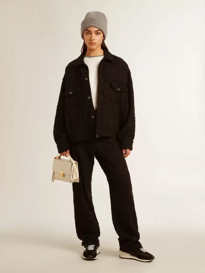 Giacca da donna in denim nero con ricami