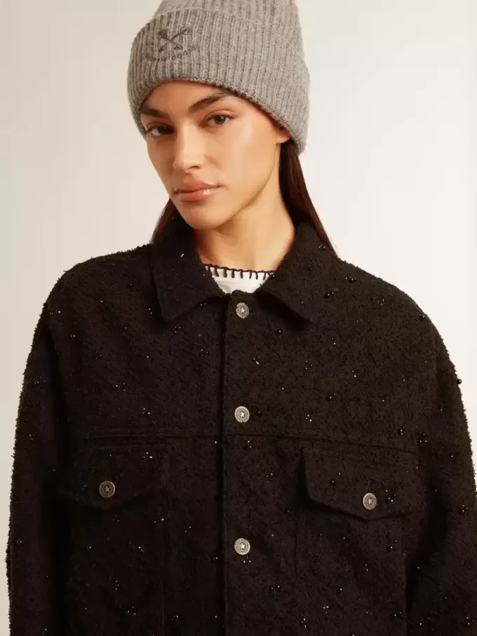Giacca da donna in denim nero con ricami