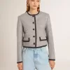 Giacca da donna in lana e seta grigia con rifiniture in pelle scamosciata nera