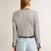 Giacca da donna in lana e seta grigia con rifiniture in pelle scamosciata nera