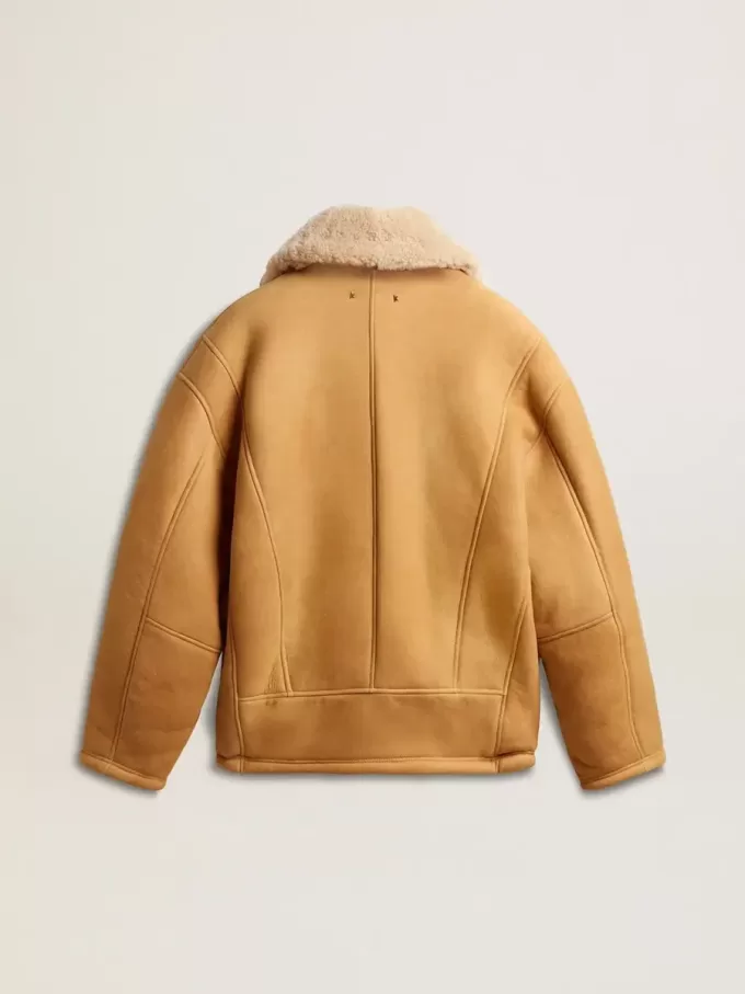 Giacca da donna in pelle di montone con ampio collo a scialle in shearling