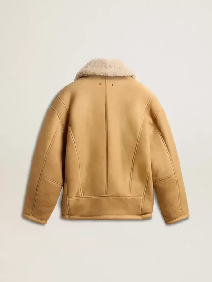 Giacca da donna in pelle di montone con ampio collo a scialle in shearling