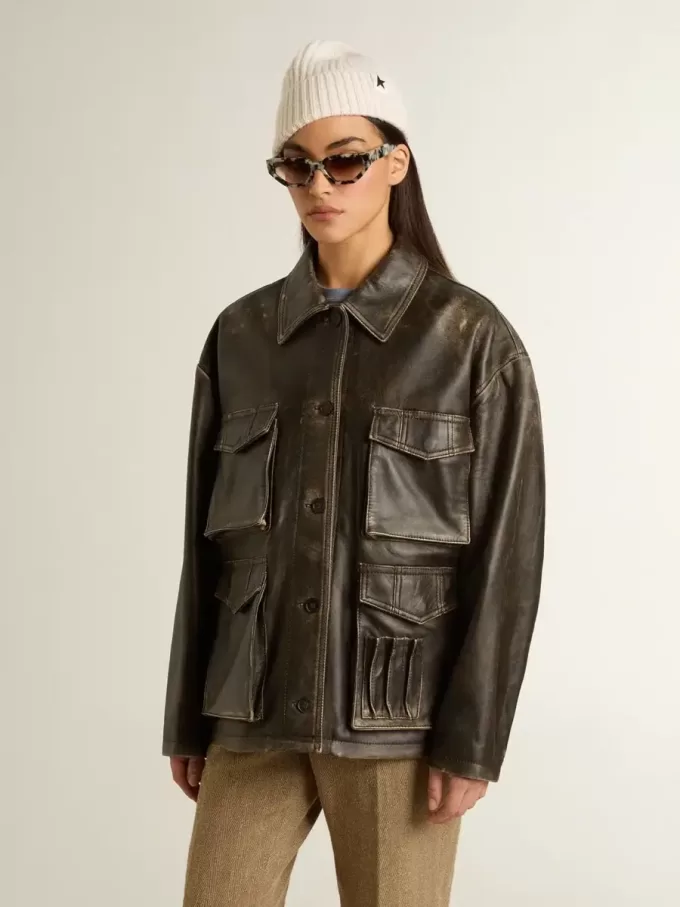 Giacca da donna in pelle nappa invecchiata marrone