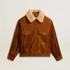 Giacca da donna in pelle scamosciata color tabacco con collo in shearling