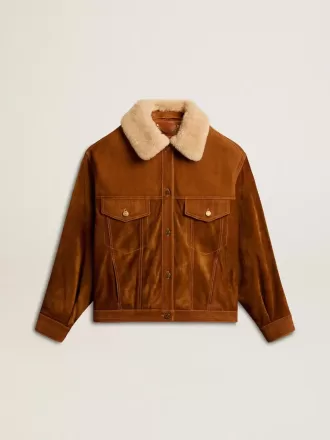 Giacca da donna in pelle scamosciata color tabacco con collo in shearling