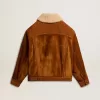 Giacca da donna in pelle scamosciata color tabacco con collo in shearling
