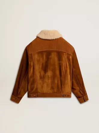 Giacca da donna in pelle scamosciata color tabacco con collo in shearling
