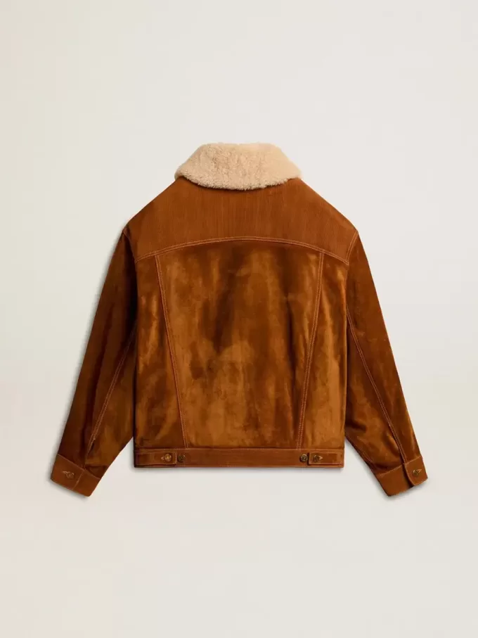 Giacca da donna in pelle scamosciata color tabacco con collo in shearling
