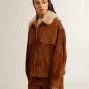Giacca da donna in pelle scamosciata color tabacco con collo in shearling