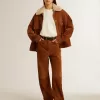 Giacca da donna in pelle scamosciata color tabacco con collo in shearling