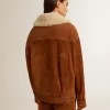 Giacca da donna in pelle scamosciata color tabacco con collo in shearling