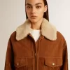 Giacca da donna in pelle scamosciata color tabacco con collo in shearling
