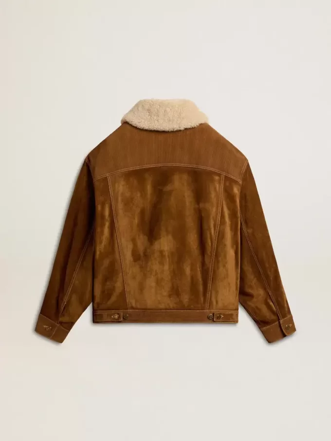 Giacca da donna in pelle scamosciata color tabacco con collo in shearling