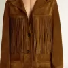 Giacca da donna in pelle scamosciata color tabacco con frange Giacca da donna in pelle scamosciata color tabacco con frange