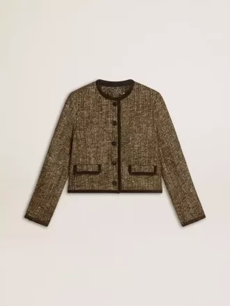 Giacca da donna Journey in tweed di lana con dettagli in pelle scamosciata color caffè
