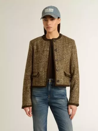 Giacca da donna Journey in tweed di lana con dettagli in pelle scamosciata color caffè