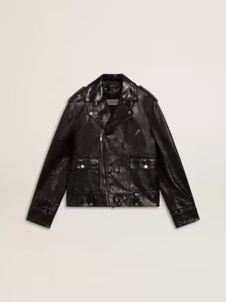 Giacca da motociclista da uomo in pelle nera con effetto lucido Giacca da motociclista da uomo in pelle nera con effetto lucido