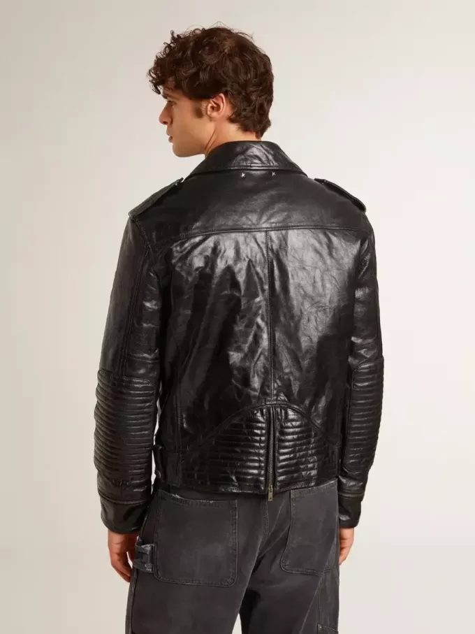 Giacca da motociclista da uomo in pelle nera con effetto lucido