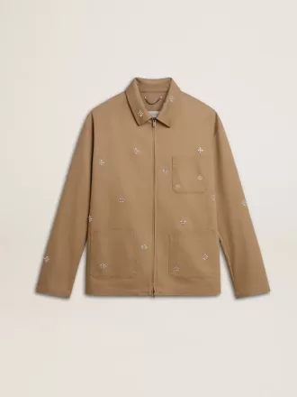 Giacca da uomo beige con ricami floreali e zip integrale Giacca da uomo beige con ricami floreali e zip integrale