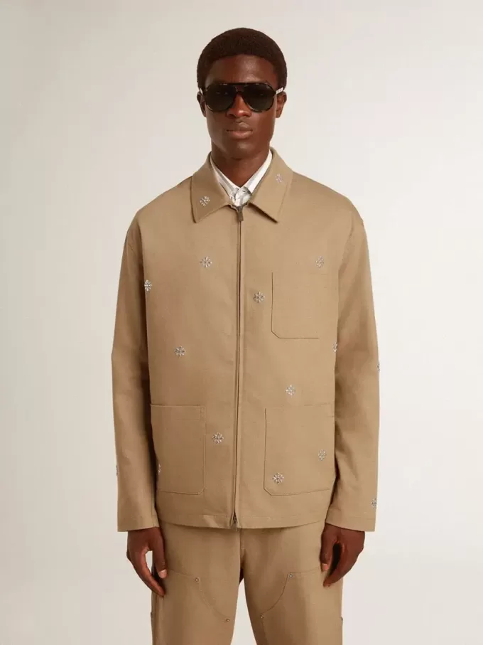 Giacca da uomo beige con ricami floreali e zip integrale