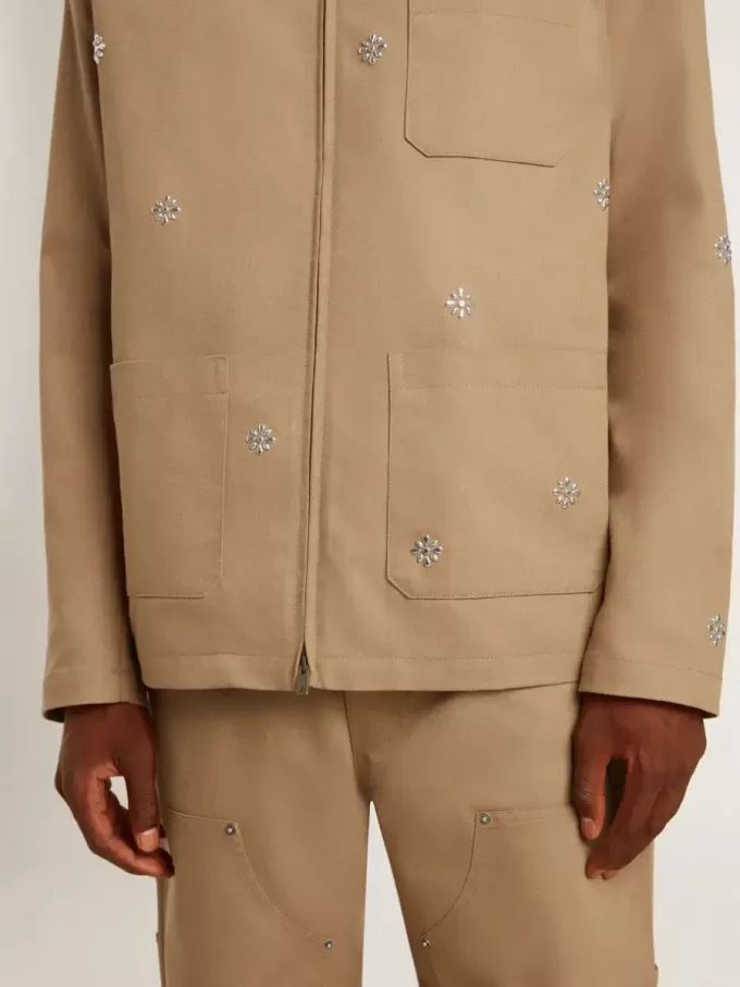 Giacca da uomo beige con ricami floreali e zip integrale