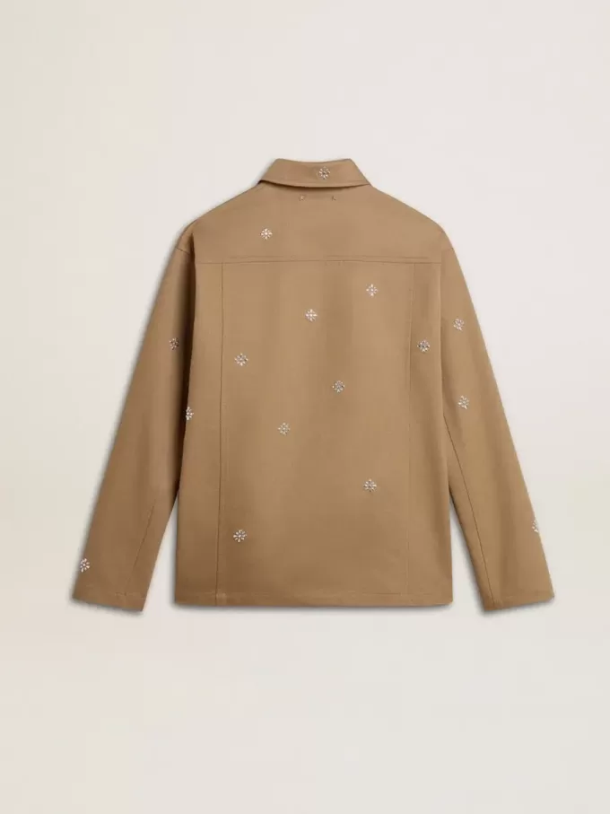 Giacca da uomo beige con ricami floreali e zip integrale