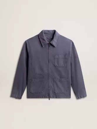 Giacca da uomo blu in cotone denim con trattamento effetto consumato