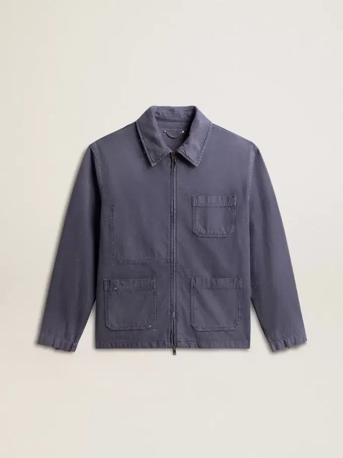 Giacca da uomo blu in cotone denim con trattamento effetto consumato Giacca da uomo blu in cotone denim con trattamento effetto consumato