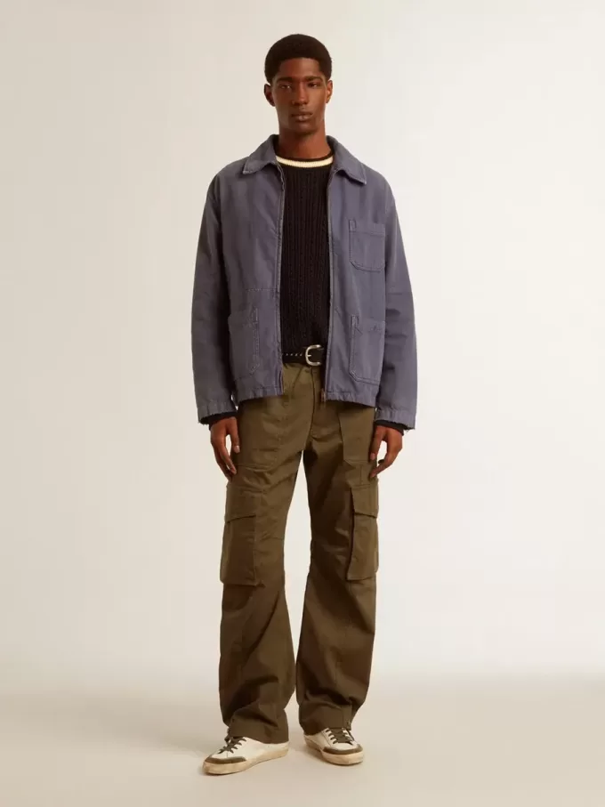 Giacca da uomo blu in cotone denim con trattamento effetto consumato Giacca da uomo blu in cotone denim con trattamento effetto consumato