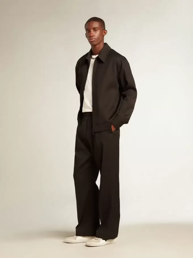 Giacca da uomo con zip in gabardine di lana nera