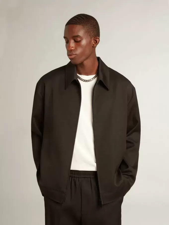 Giacca da uomo con zip in gabardine di lana nera