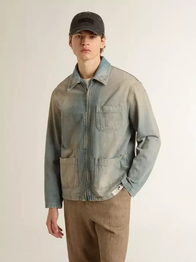 Giacca da uomo in denim effetto consumato con zip Giacca da uomo in denim effetto consumato con zip