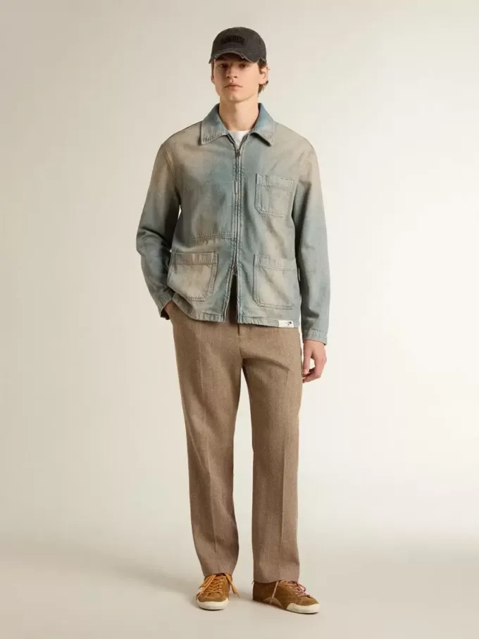Giacca da uomo in denim effetto consumato con zip Giacca da uomo in denim effetto consumato con zip