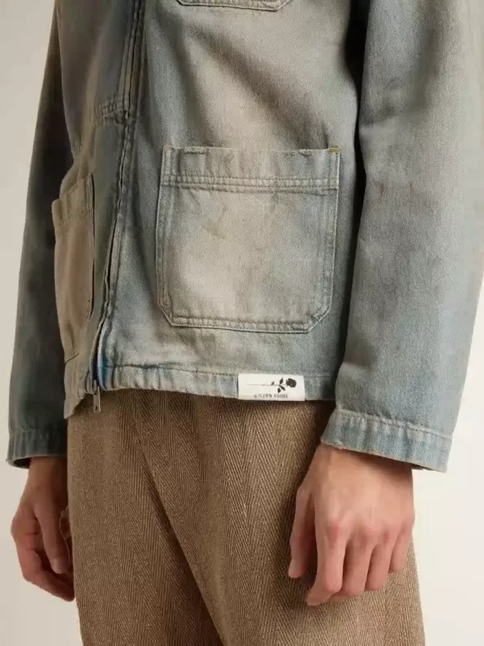 Giacca da uomo in denim effetto consumato con zip Giacca da uomo in denim effetto consumato con zip