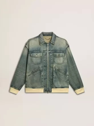 Giacca da uomo in denim lavato con bordi in misto lana