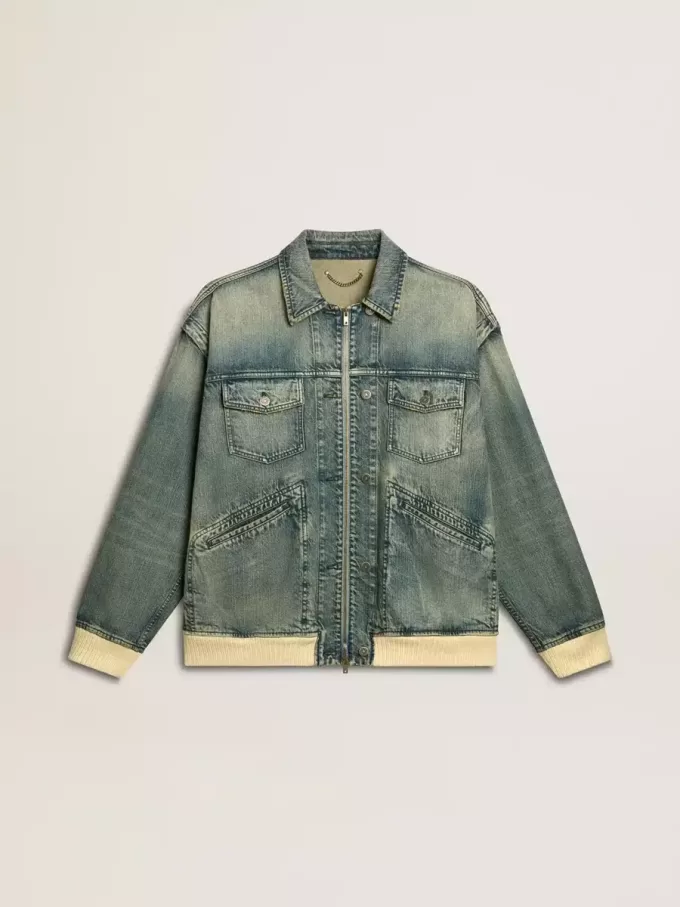 Giacca da uomo in denim lavato con bordi in misto lana Giacca da uomo in denim lavato con bordi in misto lana