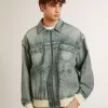 Giacca da uomo in denim lavato con bordi in misto lana Giacca da uomo in denim lavato con bordi in misto lana