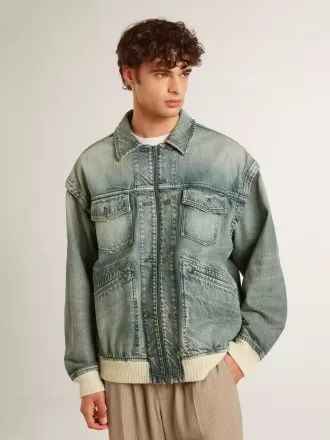 Giacca da uomo in denim lavato con bordi in misto lana