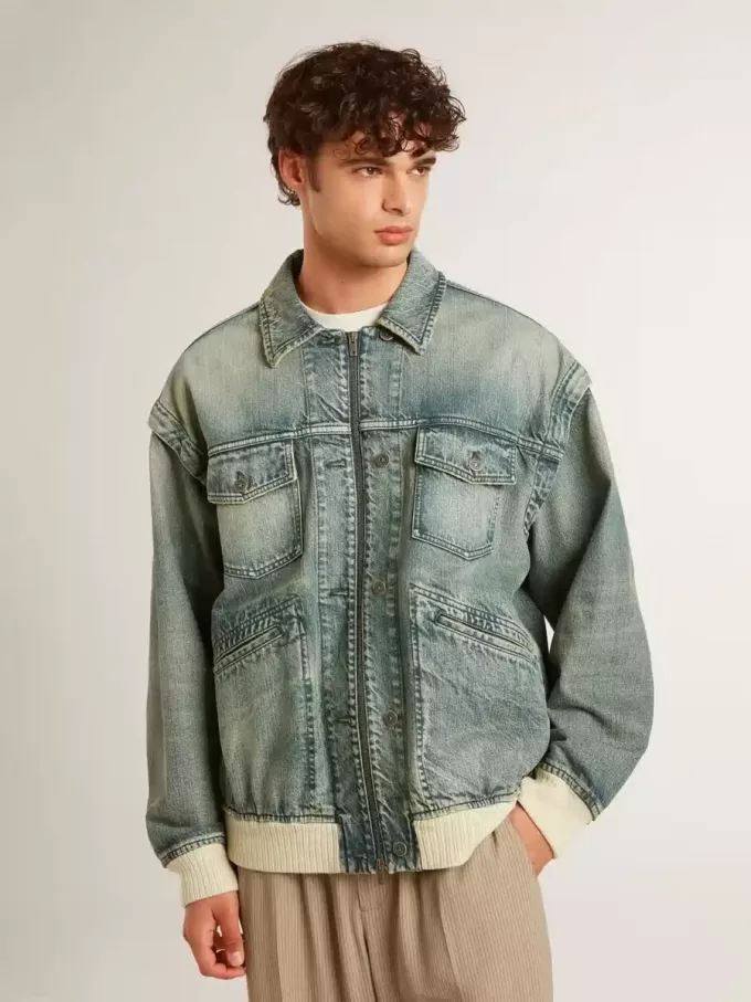 Giacca da uomo in denim lavato con bordi in misto lana Giacca da uomo in denim lavato con bordi in misto lana