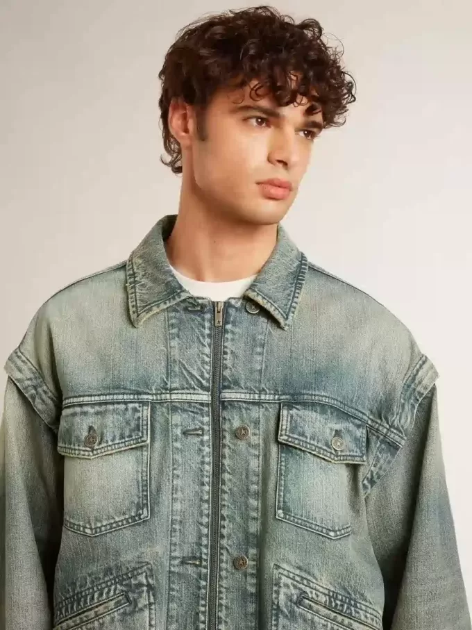 Giacca da uomo in denim lavato con bordi in misto lana Giacca da uomo in denim lavato con bordi in misto lana