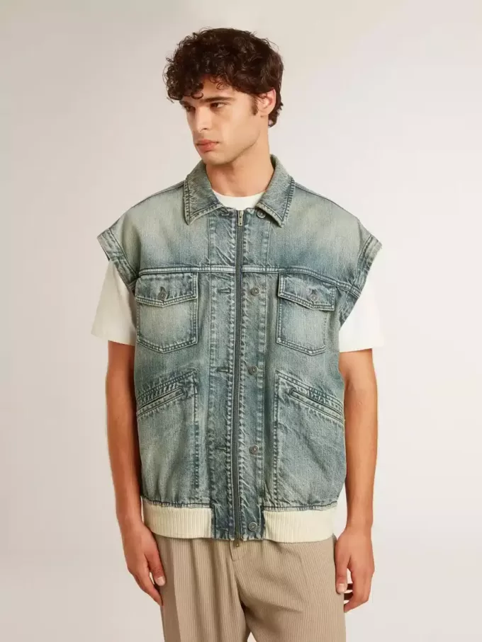 Giacca da uomo in denim lavato con bordi in misto lana Giacca da uomo in denim lavato con bordi in misto lana