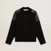 Giacca da uomo in lana merino nera con toppe in pelle Giacca da uomo in lana merino nera con toppe in pelle