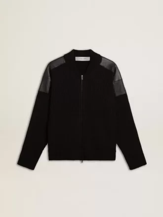 Giacca da uomo in lana merino nera con toppe in pelle