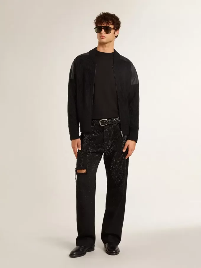 Giacca da uomo in lana merino nera con toppe in pelle Giacca da uomo in lana merino nera con toppe in pelle