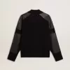 Giacca da uomo in lana merino nera con toppe in pelle Giacca da uomo in lana merino nera con toppe in pelle