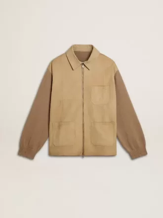Giacca da uomo in pelle nabuk color travertino con maniche e retro in misto lana
