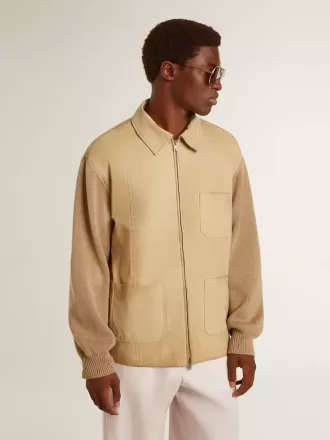 Giacca da uomo in pelle nabuk color travertino con maniche e retro in misto lana