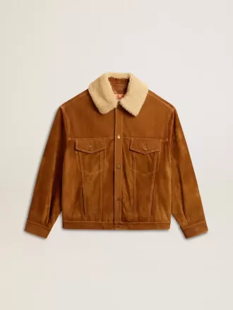 Giacca da uomo in pelle scamosciata color tabacco con collo in shearling