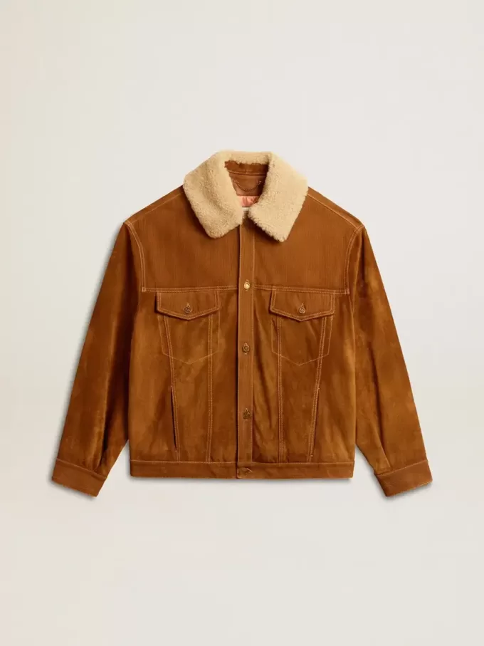 Giacca da uomo in pelle scamosciata color tabacco con collo in shearling