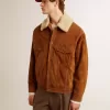 Giacca da uomo in pelle scamosciata color tabacco con collo in shearling